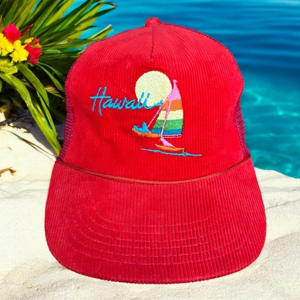 NWOT 80's Vintage Hawaii Sailboat Red Rainbow Corduroy SnapBack Trucker Hat Cap